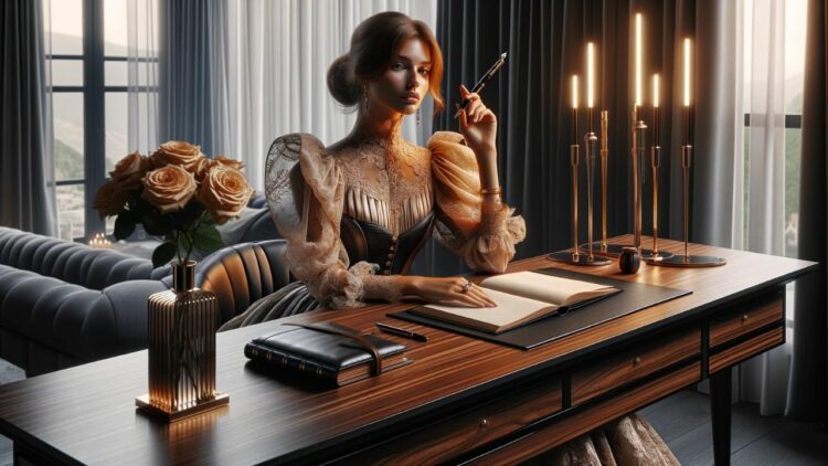 A modern interpretation of a Victorian scene: a woman dressed in a stylish, contemporary dress with subtle Victorian influences, such as lace detailing or a high neckline. She's seated at a sleek, modern writing desk that has the essence of mahogany. In her hand is a stylish fountain pen, and she's surrounded by contemporary reinterpretations of leather-bound books. The room is lit by the warm glow of modern LED candles, complementing the modern-yet-classic aesthetic. There are fresh roses on the desk, with the scene captured in sharp detail to emulate the quality of a high-resolution photograph taken with advanced camera equipment.